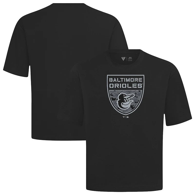 Men's Levelwear Black Baltimore Orioles Oversized Luxe Signature Knit Buckler T-Shirt