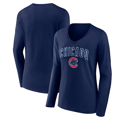 Women's Navy Chicago Cubs Team Lockup Long Sleeve V-Neck T-Shirt