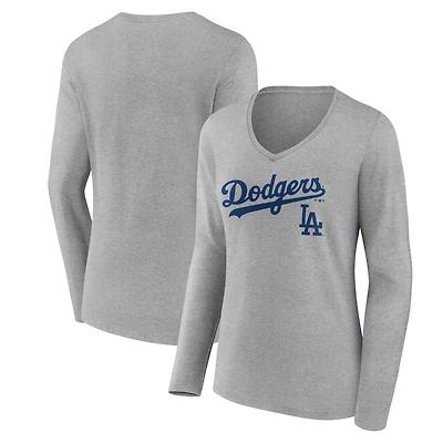 Women's Gray Los Angeles Dodgers Team Lockup Long Sleeve V-Neck T-Shirt
