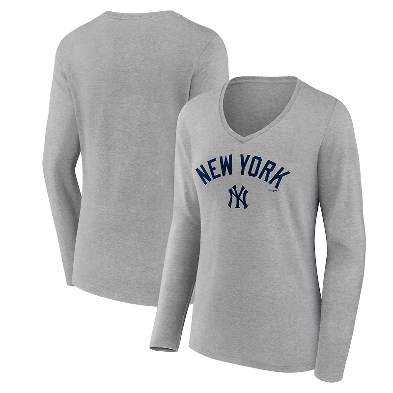 Women's Gray New York Yankees Team Lockup Long Sleeve V-Neck T-Shirt