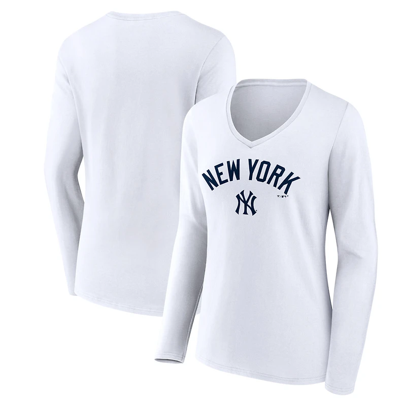 Women's White New York Yankees Team Lockup Long Sleeve V-Neck T-Shirt