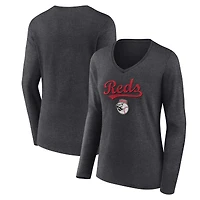 Women's Charcoal Cincinnati Reds Team Lockup Long Sleeve V-Neck T-Shirt
