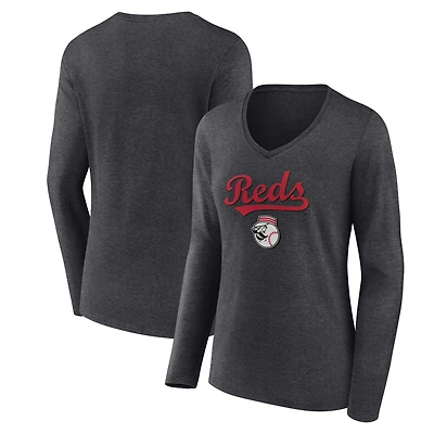 Women's Charcoal Cincinnati Reds Team Lockup Long Sleeve V-Neck T-Shirt