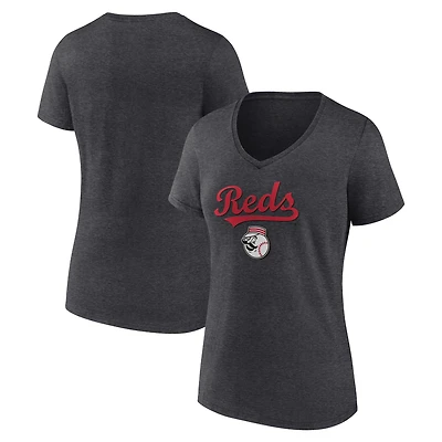 Women's Charcoal Cincinnati Reds Team Lockup V-Neck T-Shirt