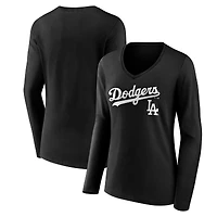 Women's Black Los Angeles Dodgers Team Lockup Long Sleeve V-Neck T-Shirt