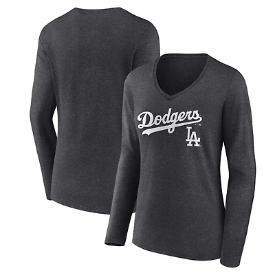 Women's Charcoal Los Angeles Dodgers Team Lockup Long Sleeve V-Neck T-Shirt