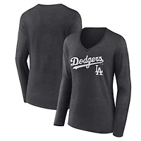 Women's Charcoal Los Angeles Dodgers Team Lockup Long Sleeve V-Neck T-Shirt