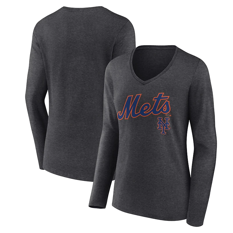 Women's Charcoal New York Mets Team Lockup Long Sleeve V-Neck T-Shirt