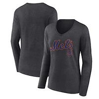 Women's Charcoal New York Mets Team Lockup Long Sleeve V-Neck T-Shirt