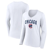 Women's White Chicago Cubs Team Lockup Long Sleeve V-Neck T-Shirt