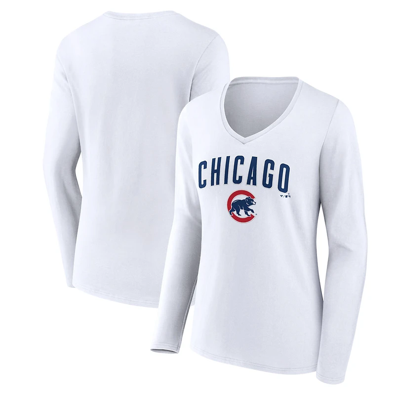 Women's White Chicago Cubs Team Lockup Long Sleeve V-Neck T-Shirt