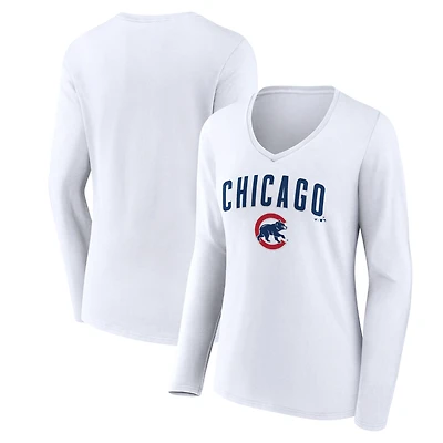 Women's White Chicago Cubs Team Lockup Long Sleeve V-Neck T-Shirt