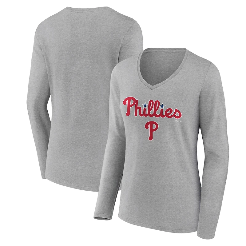 Women's Gray Philadelphia Phillies Team Lockup Long Sleeve V-Neck T-Shirt
