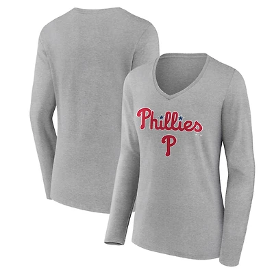 Women's Gray Philadelphia Phillies Team Lockup Long Sleeve V-Neck T-Shirt