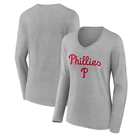 Women's Gray Philadelphia Phillies Team Lockup Long Sleeve V-Neck T-Shirt