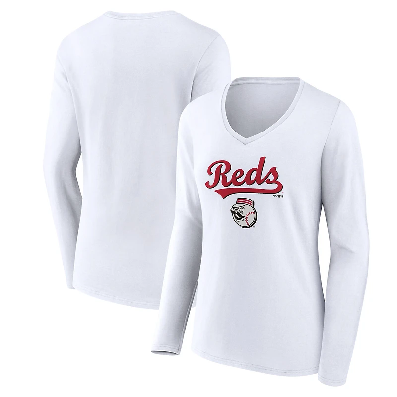 Women's White Cincinnati Reds Team Lockup Long Sleeve V-Neck T-Shirt