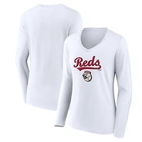 Women's White Cincinnati Reds Team Lockup Long Sleeve V-Neck T-Shirt