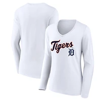 Women's White Detroit Tigers Team Lockup Long Sleeve V-Neck T-Shirt