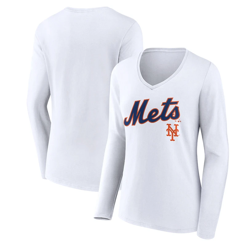 Women's White New York Mets Team Lockup Long Sleeve V-Neck T-Shirt
