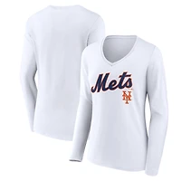 Women's White New York Mets Team Lockup Long Sleeve V-Neck T-Shirt