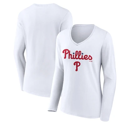 Women's White Philadelphia Phillies Team Lockup Long Sleeve V-Neck T-Shirt