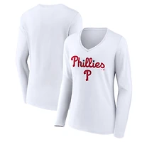 Women's White Philadelphia Phillies Team Lockup Long Sleeve V-Neck T-Shirt