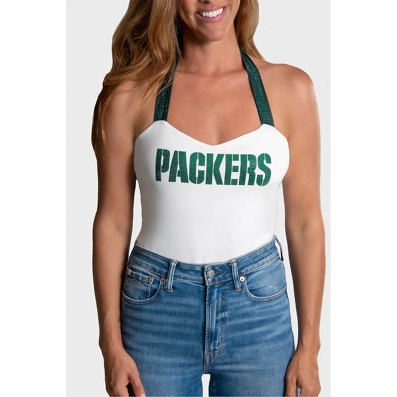 Women's Cuce White Green Bay Packers Rhinestone Semi-Cropped Halter Tank
