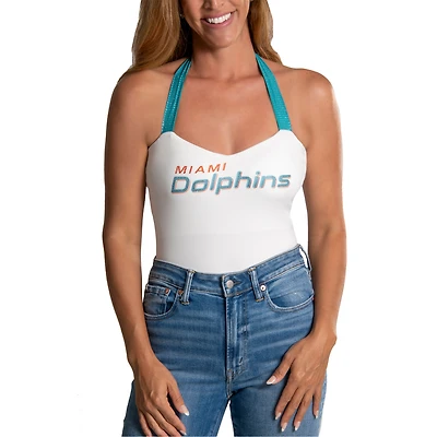 Women's Cuce White Miami Dolphins Rhinestone Semi-Cropped Halter Tank