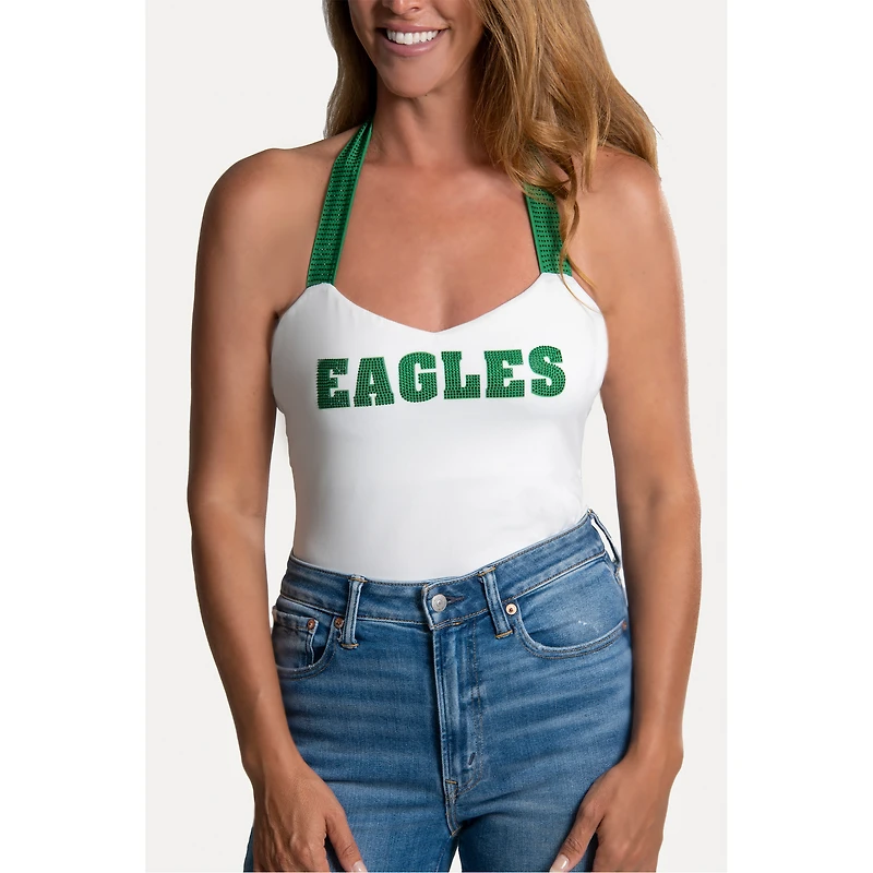 Women's Cuce White Philadelphia Eagles Rhinestone Semi-Cropped Halter Tank