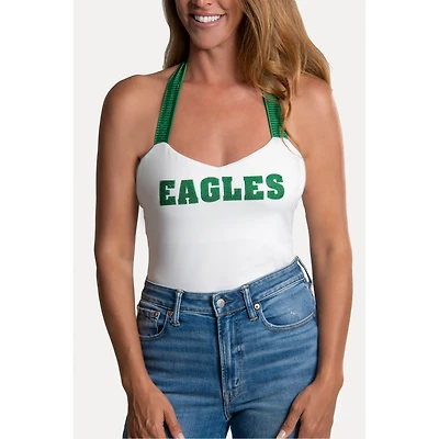 Women's Cuce White Philadelphia Eagles Rhinestone Semi-Cropped Halter Tank