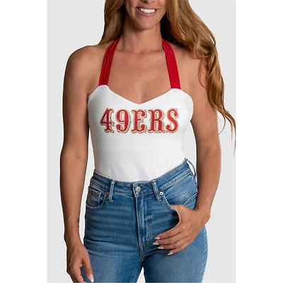 Women's Cuce White San Francisco 49ers Rhinestone Semi-Cropped Halter Tank
