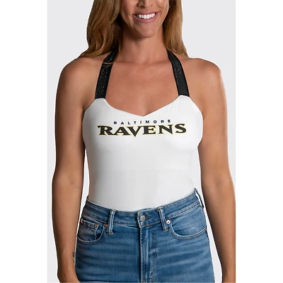 Women's Cuce White Baltimore Ravens Rhinestone Semi-Cropped Halter Tank