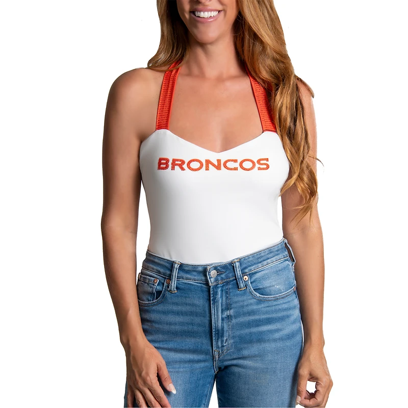 Women's Cuce White Denver Broncos Rhinestone Semi-Cropped Halter Tank