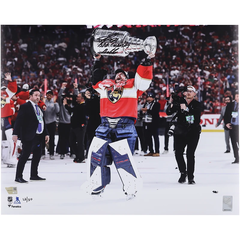 Sergei Bobrovsky Florida Panthers Autographed 2025 Stanley Cup Champions 16" x 20" Raising Cup Photograph with Multiple Inscriptions