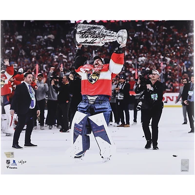 Sergei Bobrovsky Florida Panthers Autographed 2025 Stanley Cup Champions 16" x 20" Raising Cup Photograph with Multiple Inscriptions