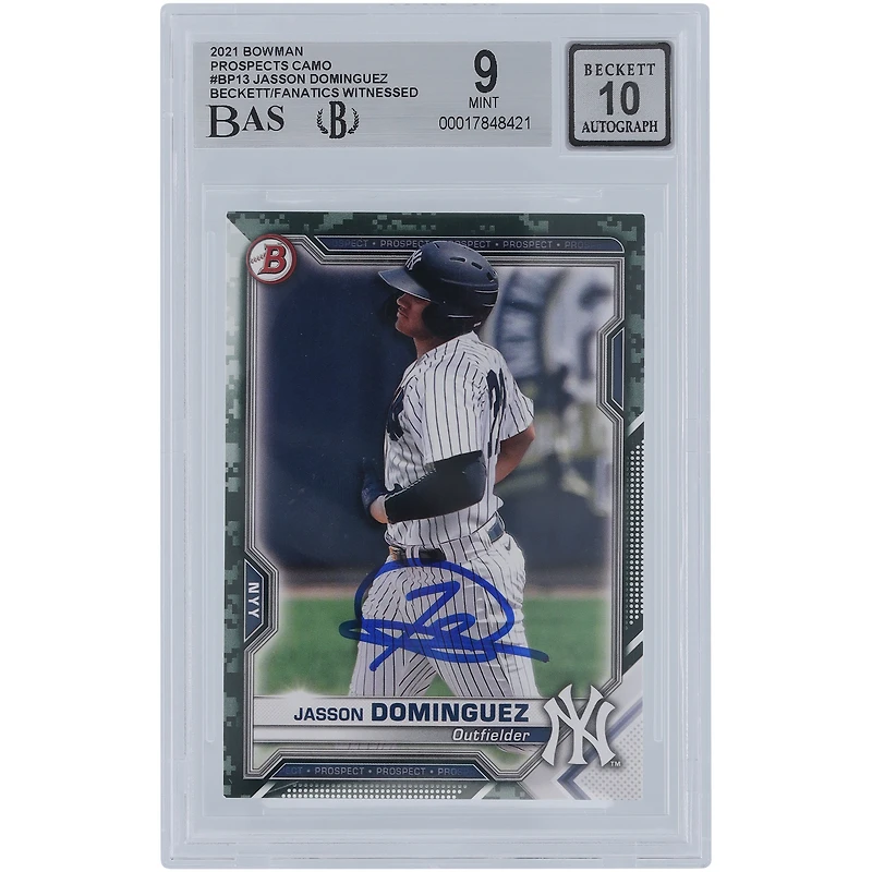 Jasson Domínguez New York Yankees Autographed 2021 Bowman Prospects Camo #BP-13 Beckett Fanatics Witnessed Authenticated 9/10 Card