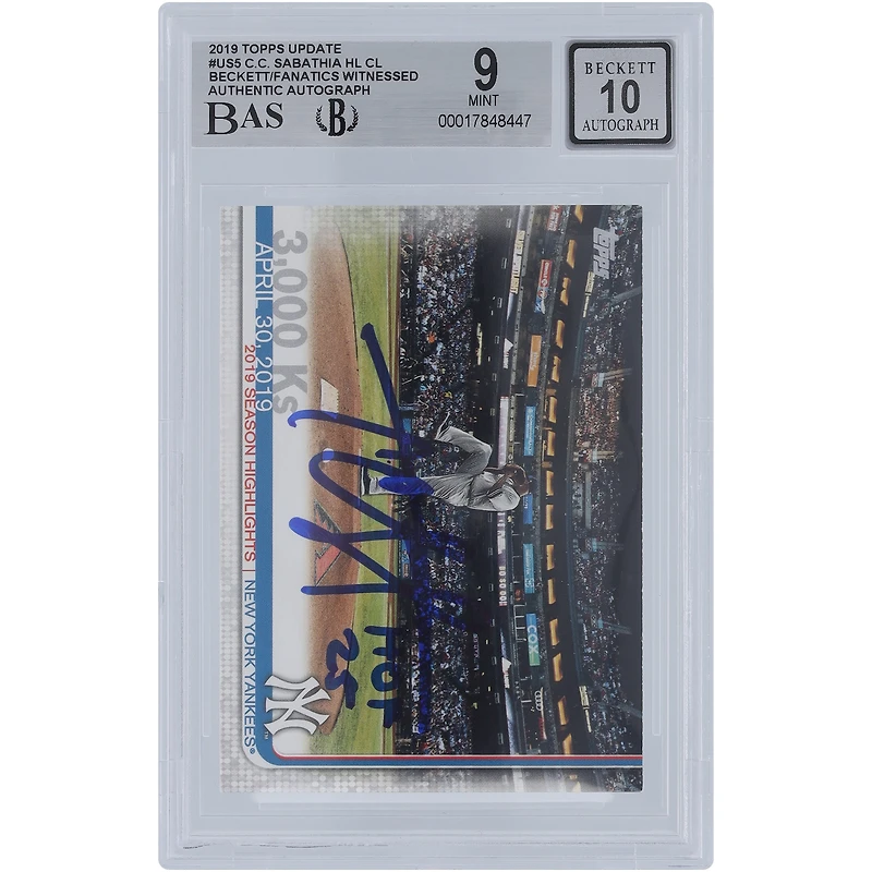 CC Sabathia New York Yankees Autographed 2019 Topps Update #US5 Beckett Fanatics Witnessed Authenticated 9/10 Card with "HOF 25" Inscription