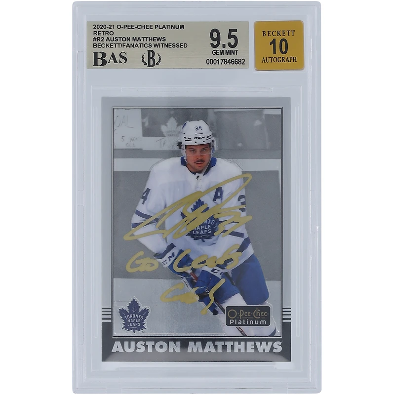 Auston Matthews Toronto Maple Leafs Autographed 2020-21 Upper Deck O-Pee-Chee Platinum Retro Gold Ink #R-2 Beckett Fanatics Witnessed Authenticated 9.5/10 Card with "Go Leafs Go!" Inscription