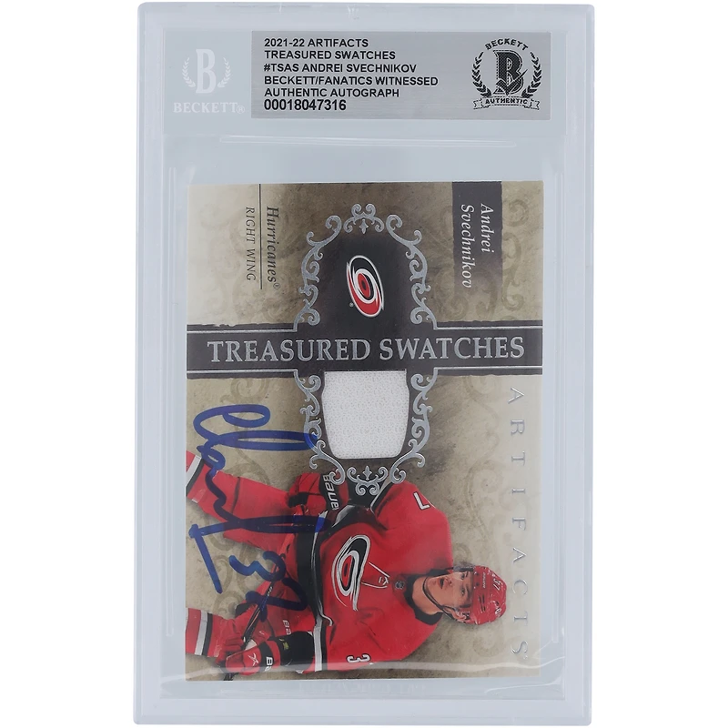 Andrei Svechnikov Carolina Hurricanes Autographed 2021-22 Upper Deck Artifacts Treasured Swatches Relic #TS-AS Beckett Fanatics Witnessed Authenticated Card