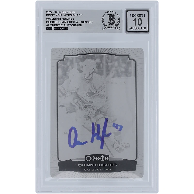 Quinn Hughes Vancouver Canucks Autographed 2022-23 Upper Deck O-Pee-Chee Black Printing Plate #76 #1/1 Beckett Fanatics Witnessed Authenticated 10 Card