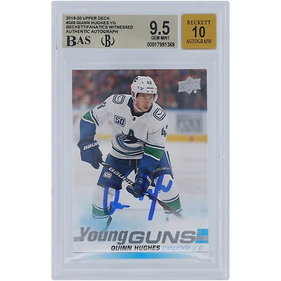 Quinn Hughes Vancouver Canucks Autographed 2019-20 Upper Deck Series 1 Young Guns #249 Beckett Fanatics Witnessed Authenticated 9.5/10 Rookie Card