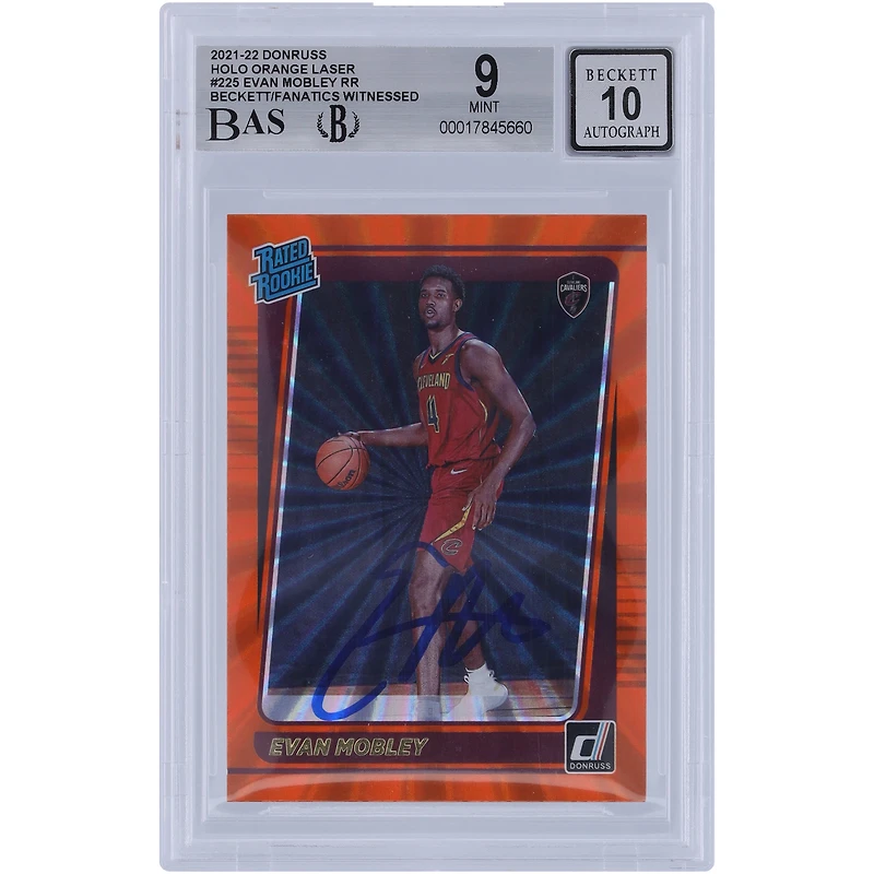 Evan Mobley Cleveland Cavaliers Autographed 2021-22 Panini Donruss Holo Orange Laser #225 Beckett Fanatics Witnessed Authenticated 9/10 Rookie Card