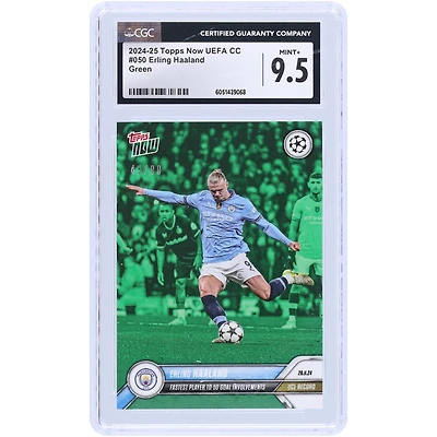 Erling Haaland Manchester City 2024-25 Topps Now UEFA Fastest Player To 50 Goal Involvements Green #50 #/99 CGC Authenticated 9.5 Card