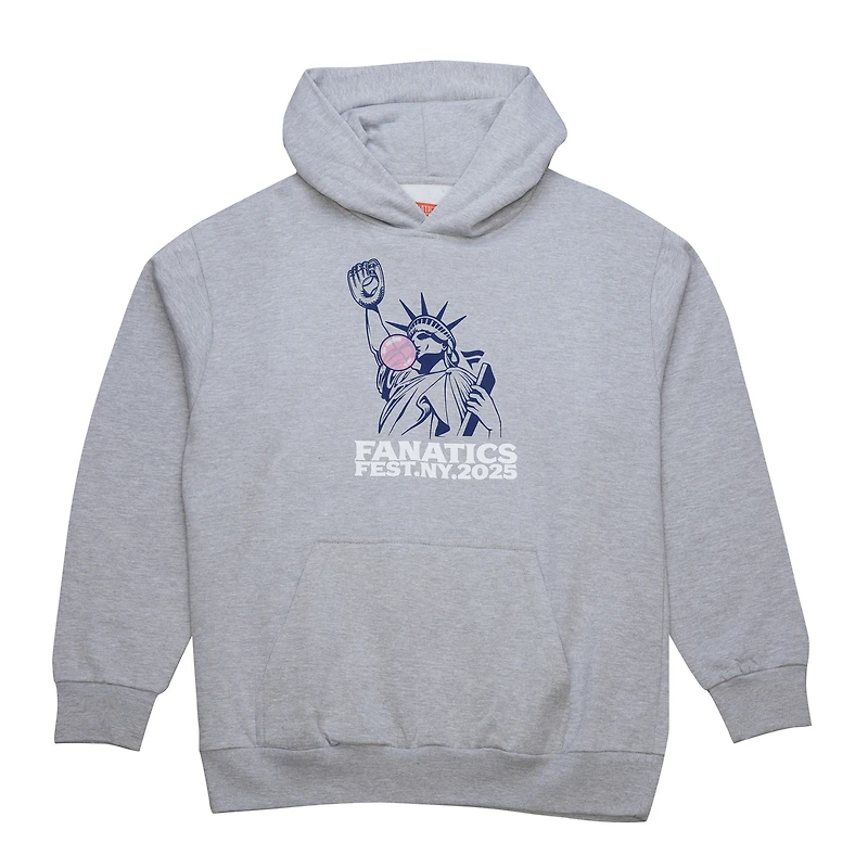 Men's Mitchell & Ness Heather Gray Fanatics Fest 2025 Bubble Gum Liberty Fleece Pullover Hoodie