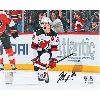 Jack Hughes New Jersey Devils Autographed 8" x 10" White Jersey Celebration Photograph