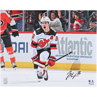 Jack Hughes New Jersey Devils Autographed 16" x 20" White Jersey Celebration Photograph