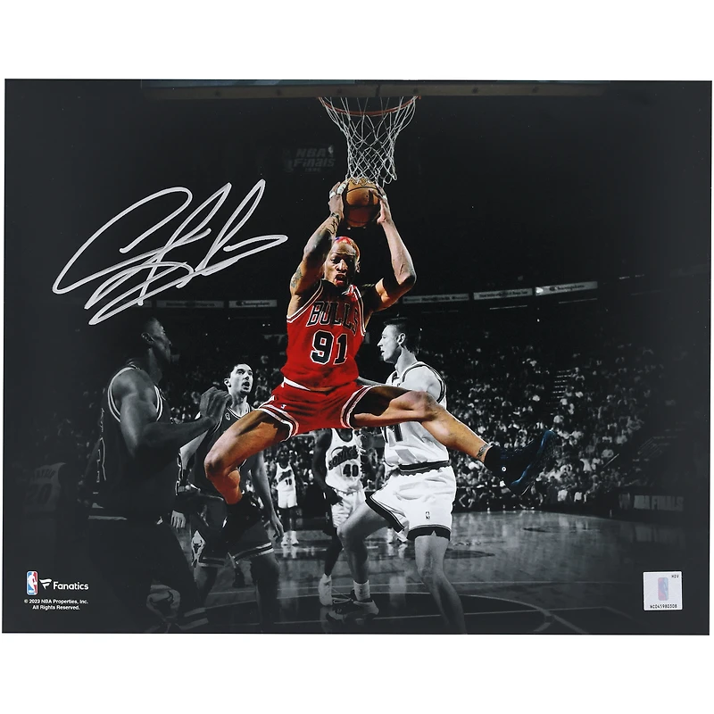 Dennis Rodman Chicago Bulls Autographed 11" x 14" Rebound Spotlight Photograph - Signed in Silver Ink