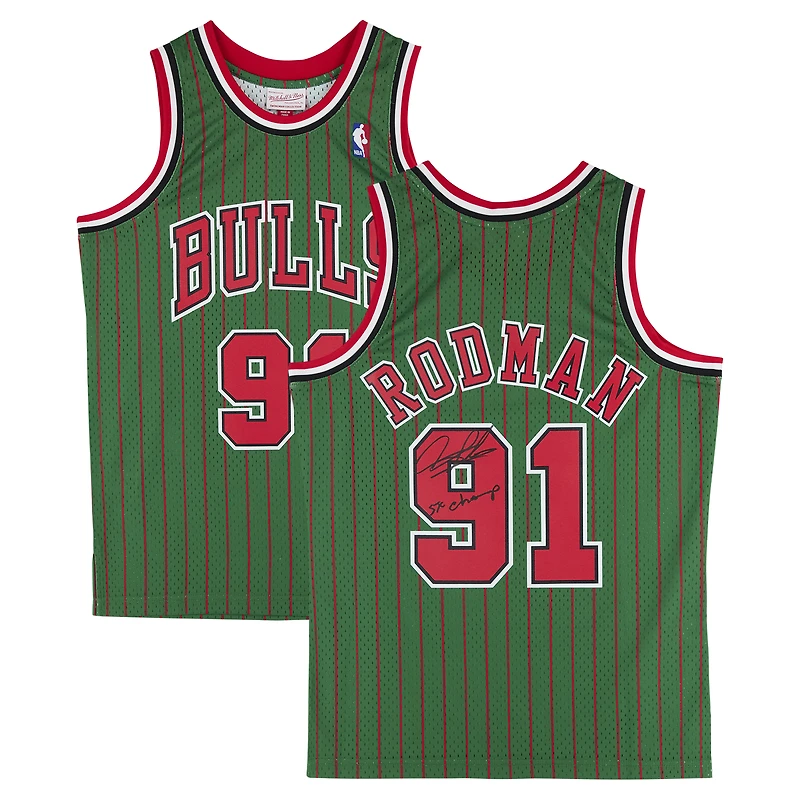 Dennis Rodman Chicago Bulls Autographed Green Mitchell & Ness 1995-96 Authentic Jersey with "5x Champ" Inscription