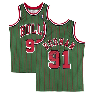 Dennis Rodman Chicago Bulls Autographed Green Mitchell & Ness 1995-96 Authentic Jersey with "5x Champ" Inscription