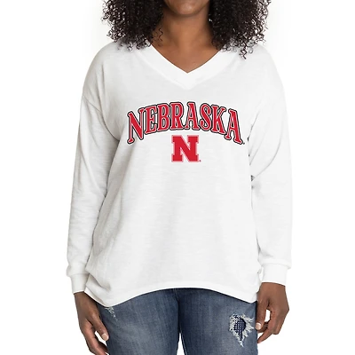 Women's White Nebraska Huskers Oversized Bailey Long Sleeve V-Neck Tri-Blend Tunic